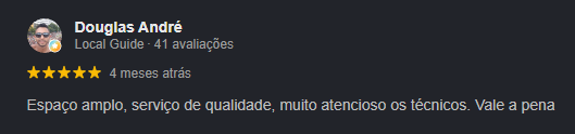 Avaliação de Douglas André no Google, 5 estrelas: Espaço amplo, serviço de qualidade, muito atencioso os técnicos. Vale a pena